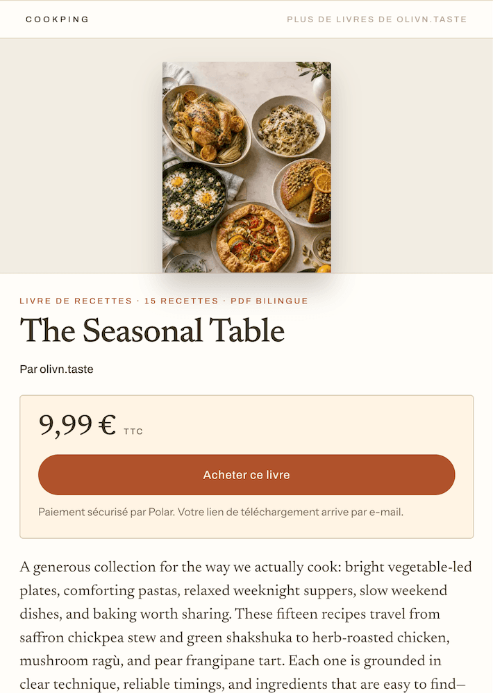 The sales page for a recipe book, with its cover, its price and a buy button
