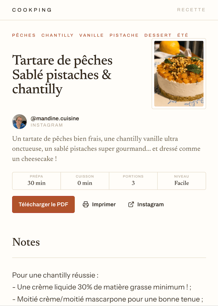 A Cookping recipe page for a peach tartare, with tags, prep time, servings and a PDF download button