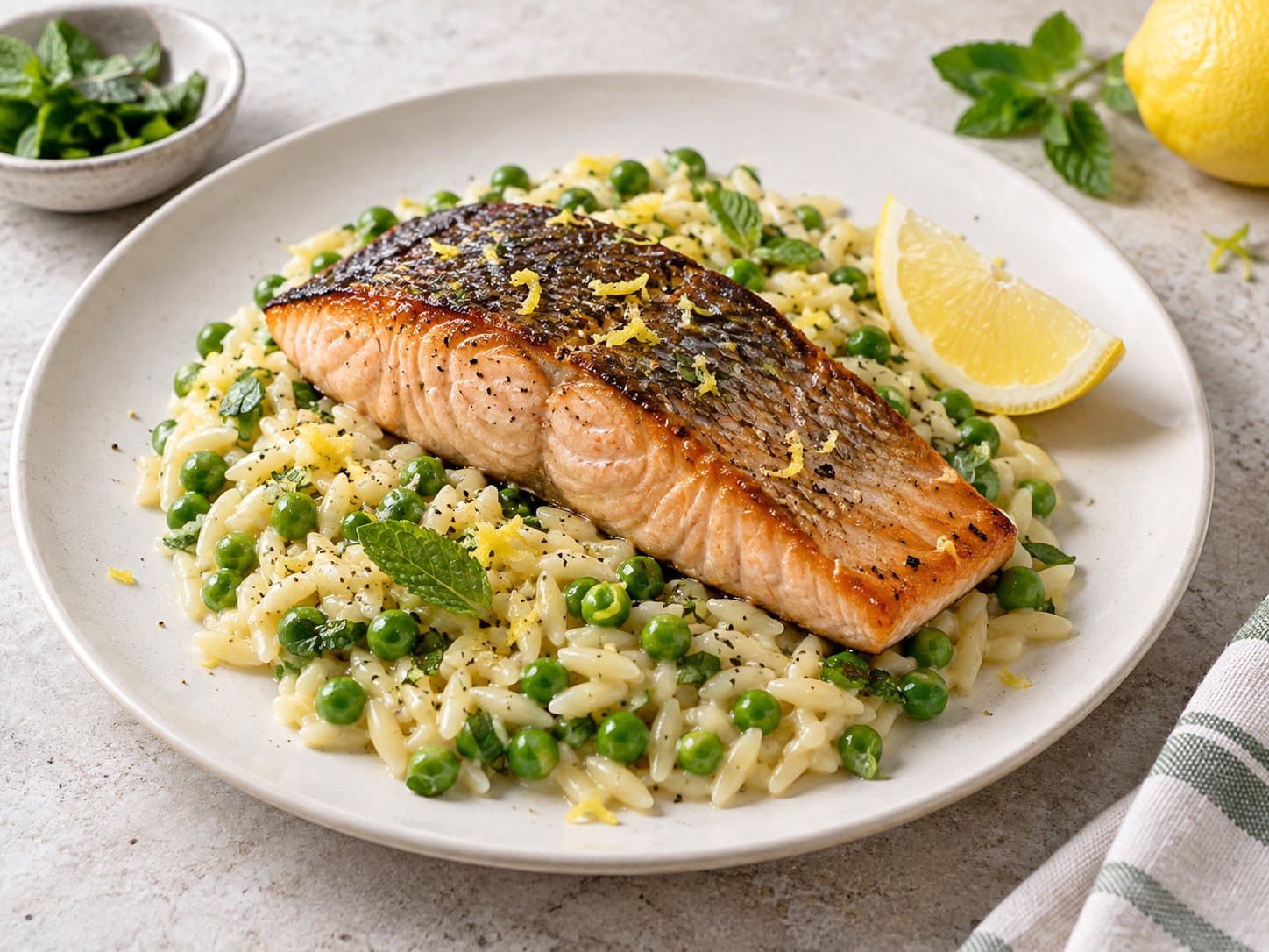 Seared Salmon with Pea-Mint Orzo cover
