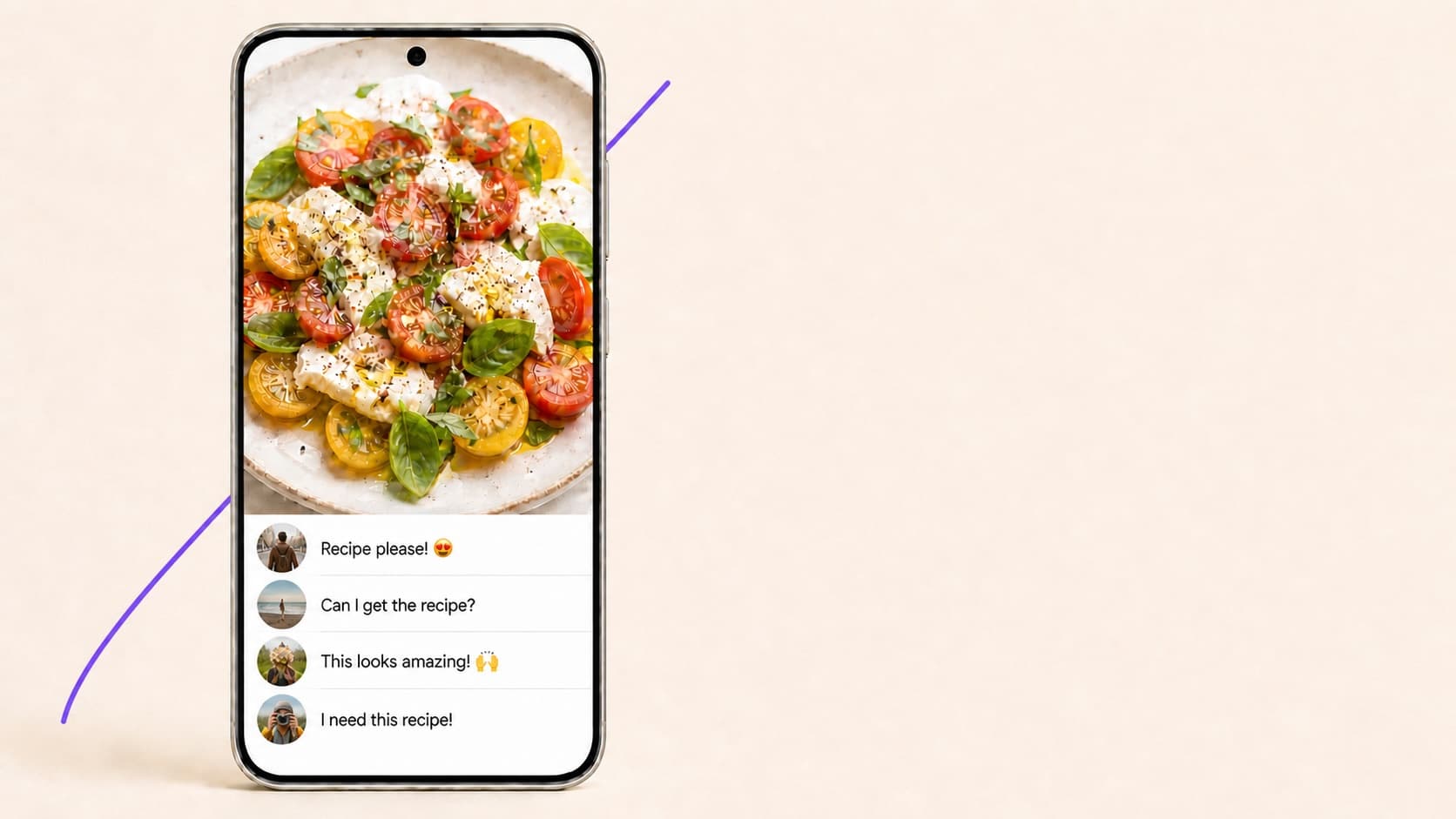 Phone showing a recipe post and comments asking for the recipe