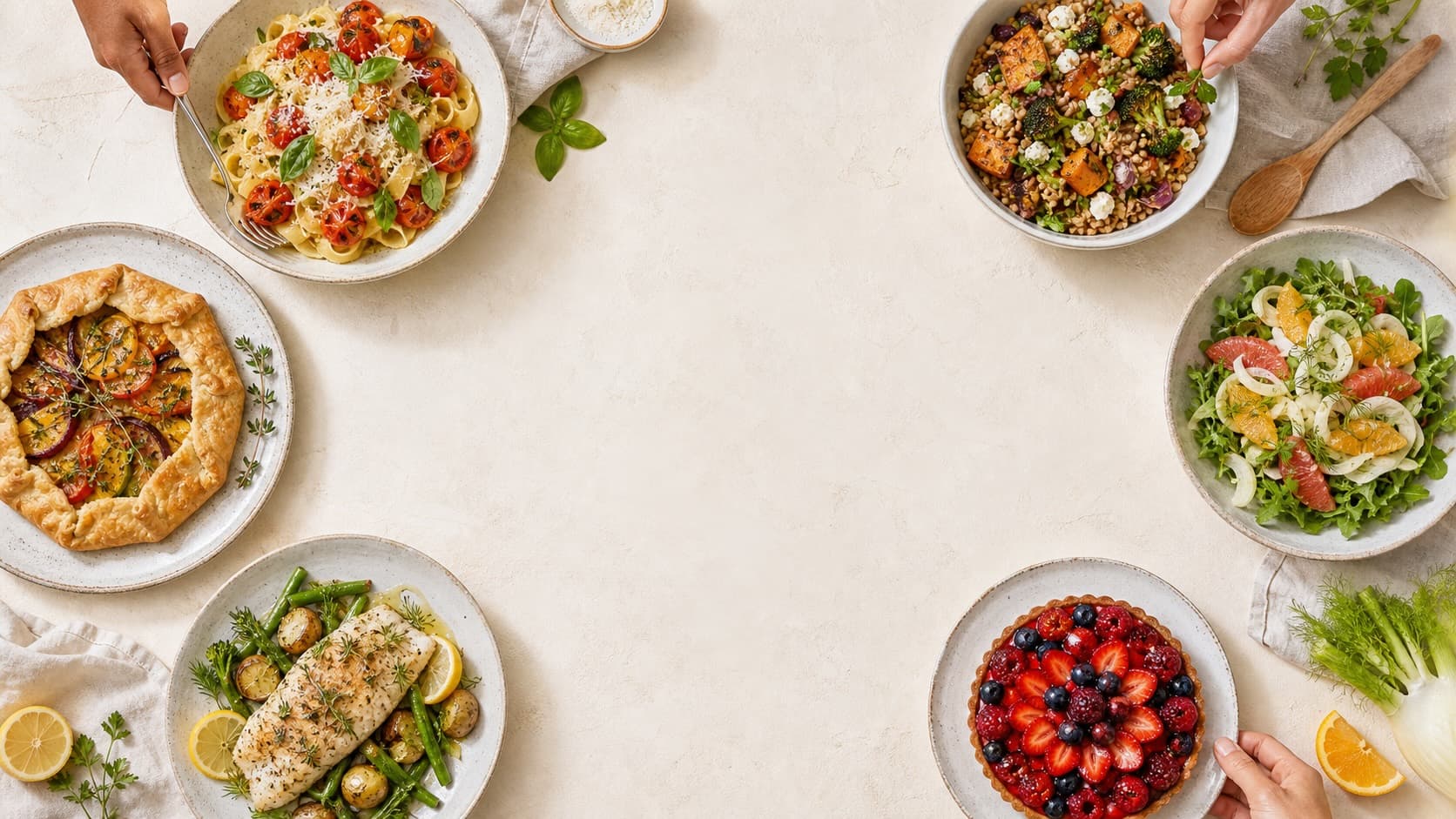 Colorful finished recipes arranged across a bright table