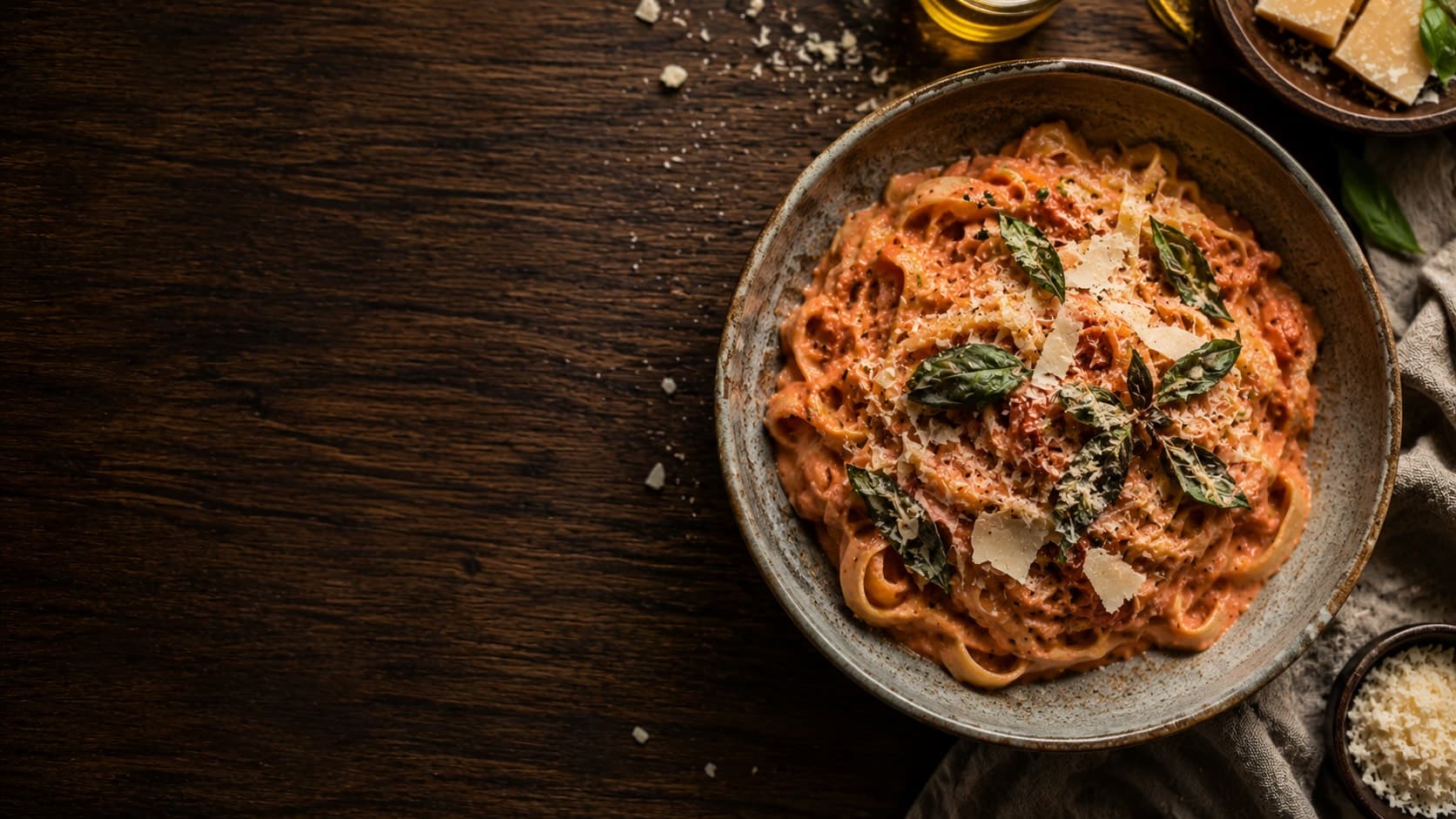 Assiette de pâtes photographiée du dessus sur une table en bois sombre